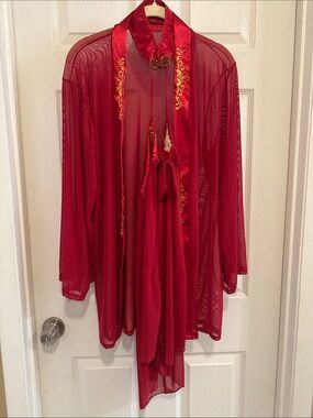 Sheer Red Embroidered Satin-Trim Robe and Nightgown with Neck Detail